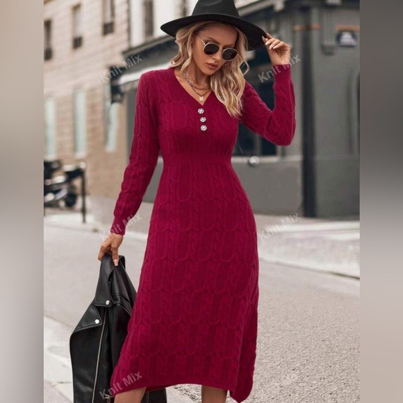 SHEIN- NWT M Maroon Knit V-Neck Long Knitted Sweater Dress - Picture 9 of 9